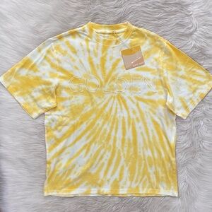 Post Surf Yellow White Tie Dye GOLDEN Embroidered Spell Out Oversized Tee Shirt